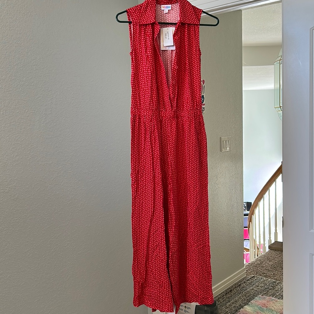 Lularoe Kathy jumpsuit red with pink polka dots. Brand new.
